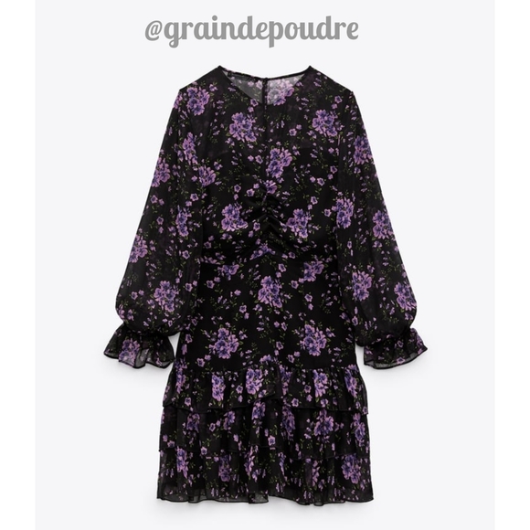 Rare! Zara Violet Floral Print Chiffon Gathered Ruffle Salsa Mini Dress S - Picture 5 of 7